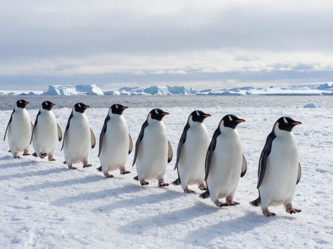 A group of penguins waddles single file across an ice shelf toward the water's edge.