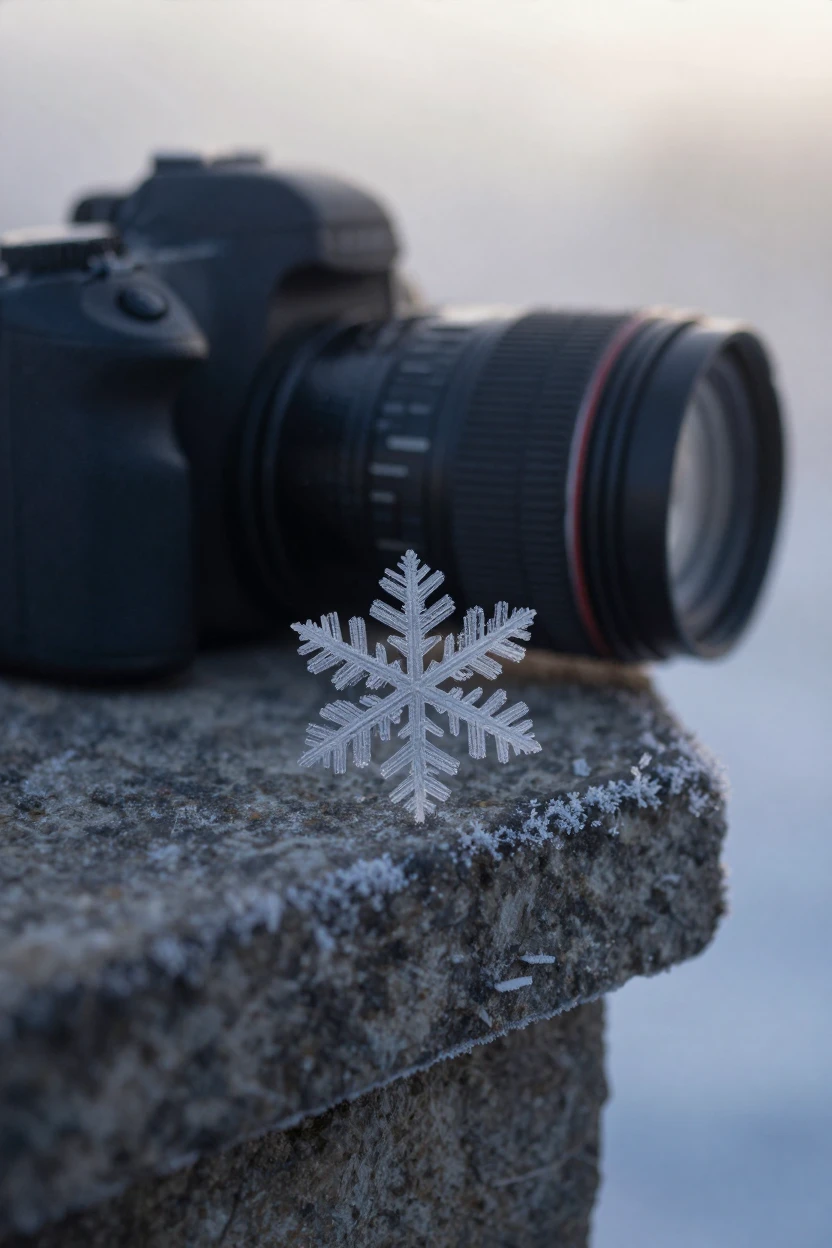 A single snowflake sitting quietly on a stone ledge, quietly telling its own small story