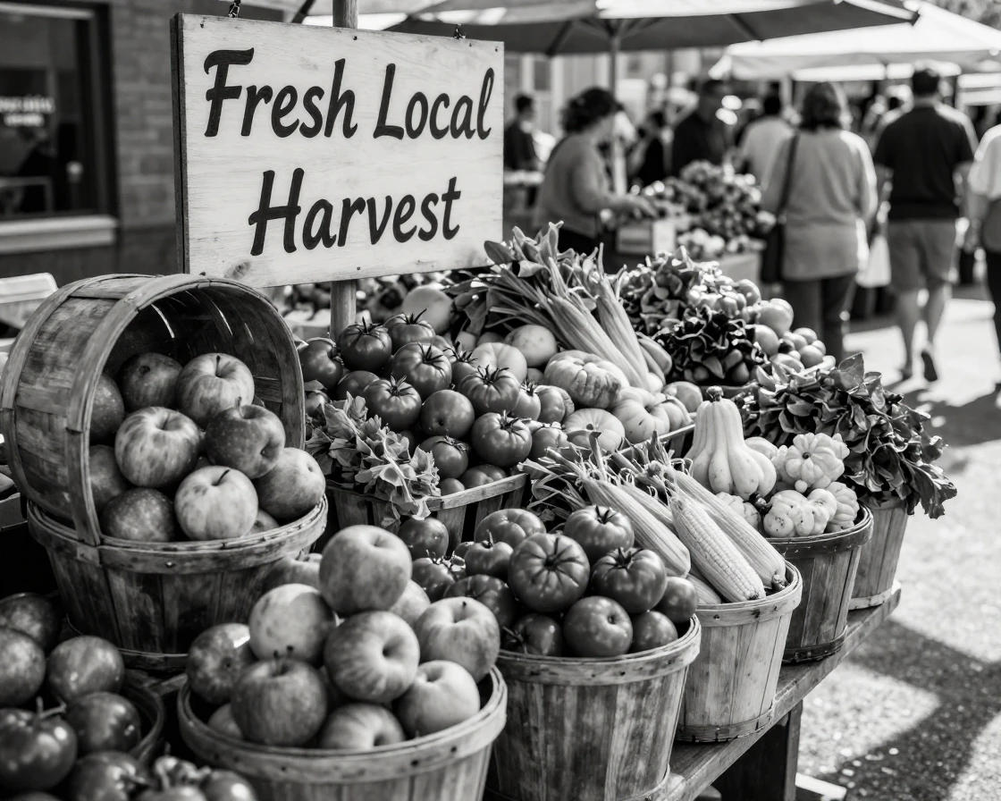 A farmer's market stall overflows with fresh seasonal produce along a sunny market street.