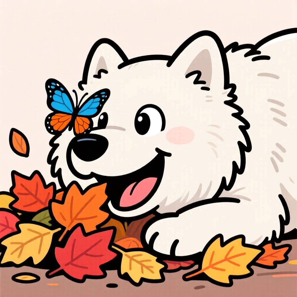 A playful pet moment featuring a fluffy Samoyed burying its face in a pile of fallen leaves, as a butterfly lands on its nose.