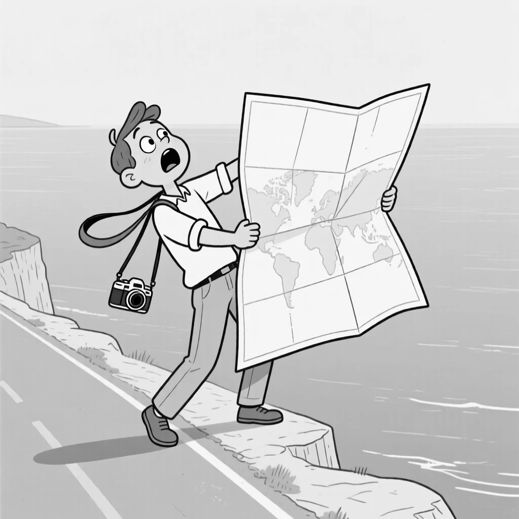 A wide-eyed tourist struggling to fold a giant paper map, leaning back just a little too far for safety, set along a cliffside road overlooking the sea. A camera strap dangles dangerously close to the ledge. The scene captures the giddy chaos of exploring somewhere new.