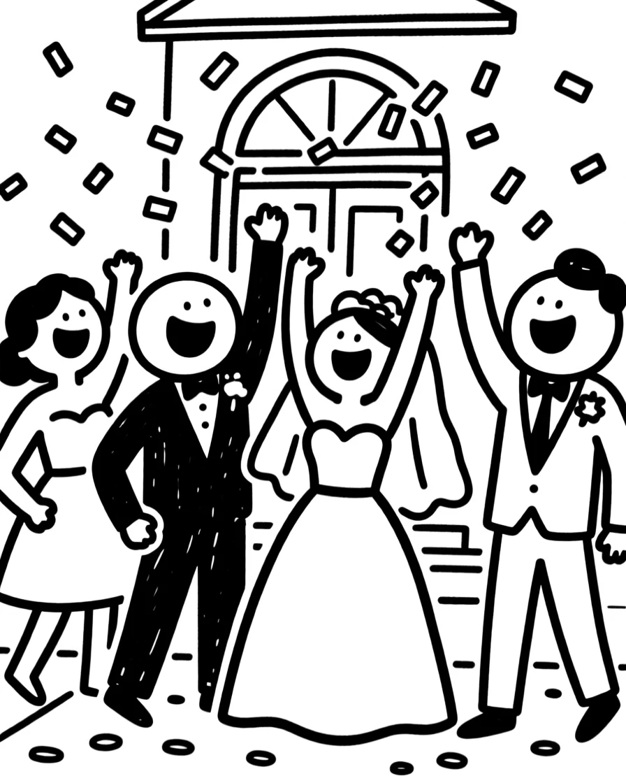 A wedding party celebrating with a joyful confetti toss outside the ceremony venue.