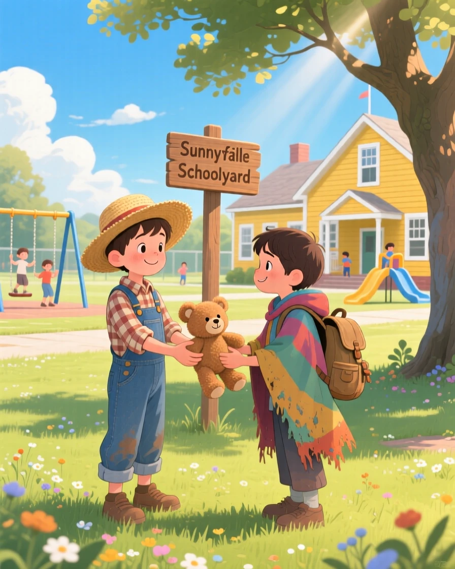 A young farmer and a tired traveler share a tender moment returning a lost toy to its owner in a sunny schoolyard, as warm smiles are exchanged.