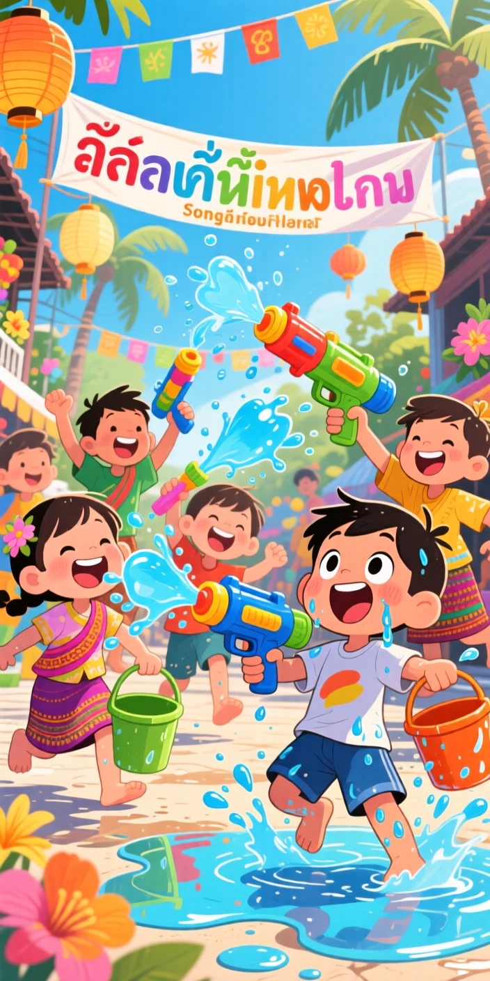 Kids in Thailand splashing water during a joyful Songkran festival.