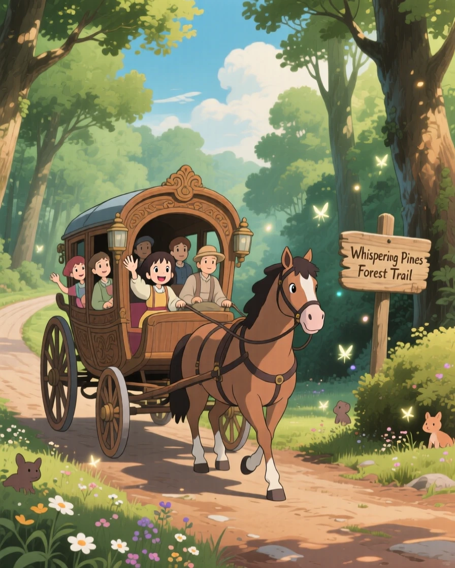 A charming scene of a horse-drawn carriage traveling along a forest road, as passengers wave from open windows.