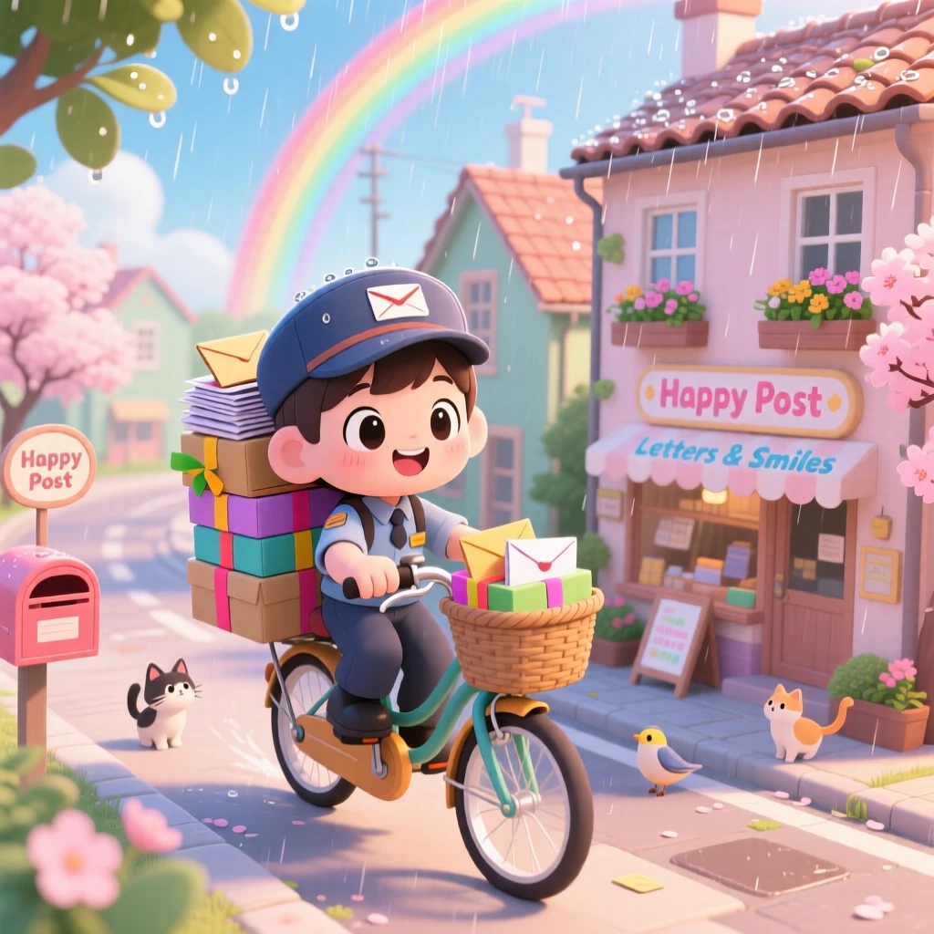 A little postal carrier delivering a stack of letters by bicycle in a cheerful small town street under a rainbow after the rain; soft pastel light of dawn washes over the scene as giggling amusement fills the moment. High aerial view.