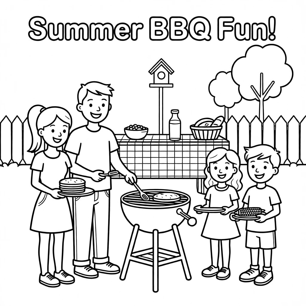 A family having a backyard barbecue on a summer evening