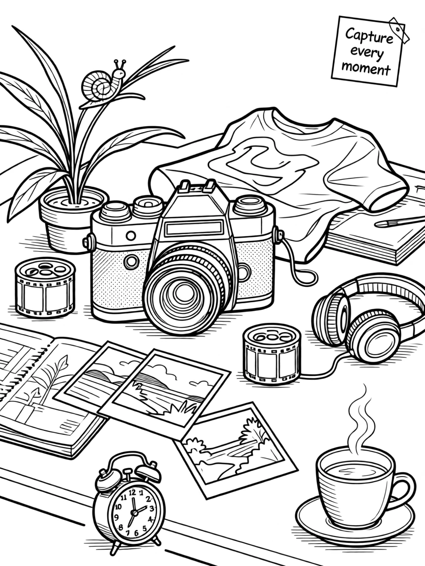 A cluttered desk with a camera, film rolls, and printed photos, with a small snail resting on a nearby stem.