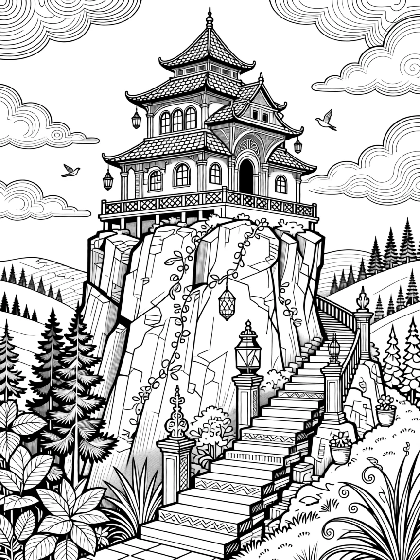A hillside monastery perched atop a rocky pinnacle.