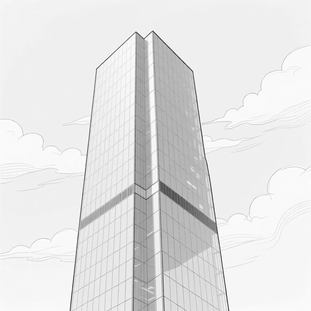 A modern glass skyscraper reaching into a cloud-filled sky