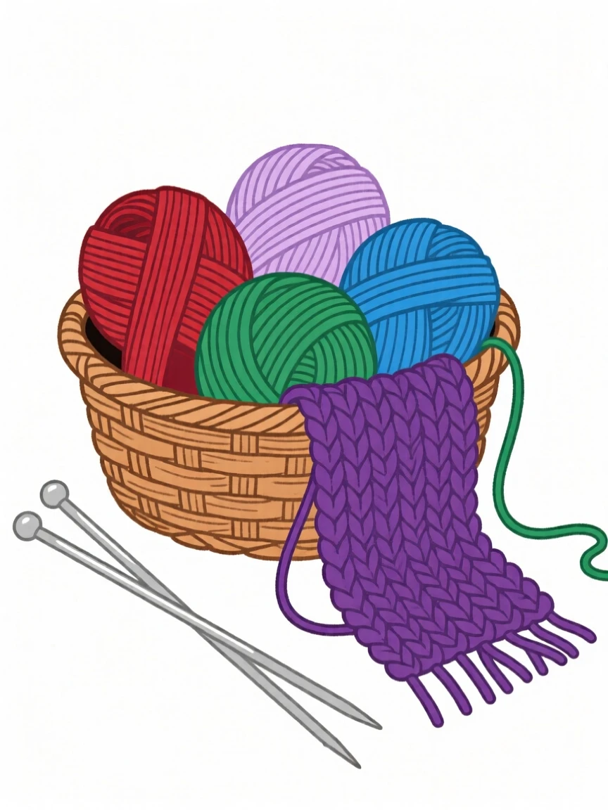 A basket of yarn beside knitting needles and a half-finished scarf.