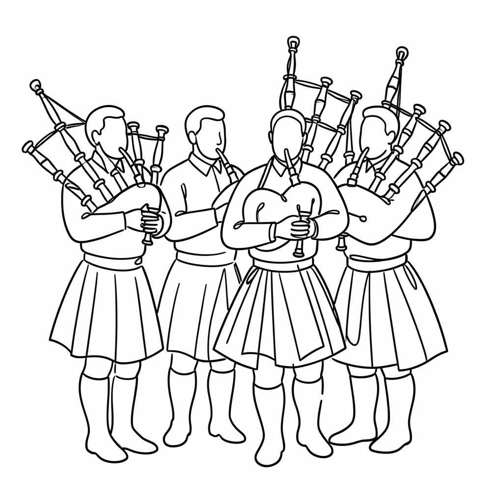 A group of Scottish bagpipers performing in full traditional kilts