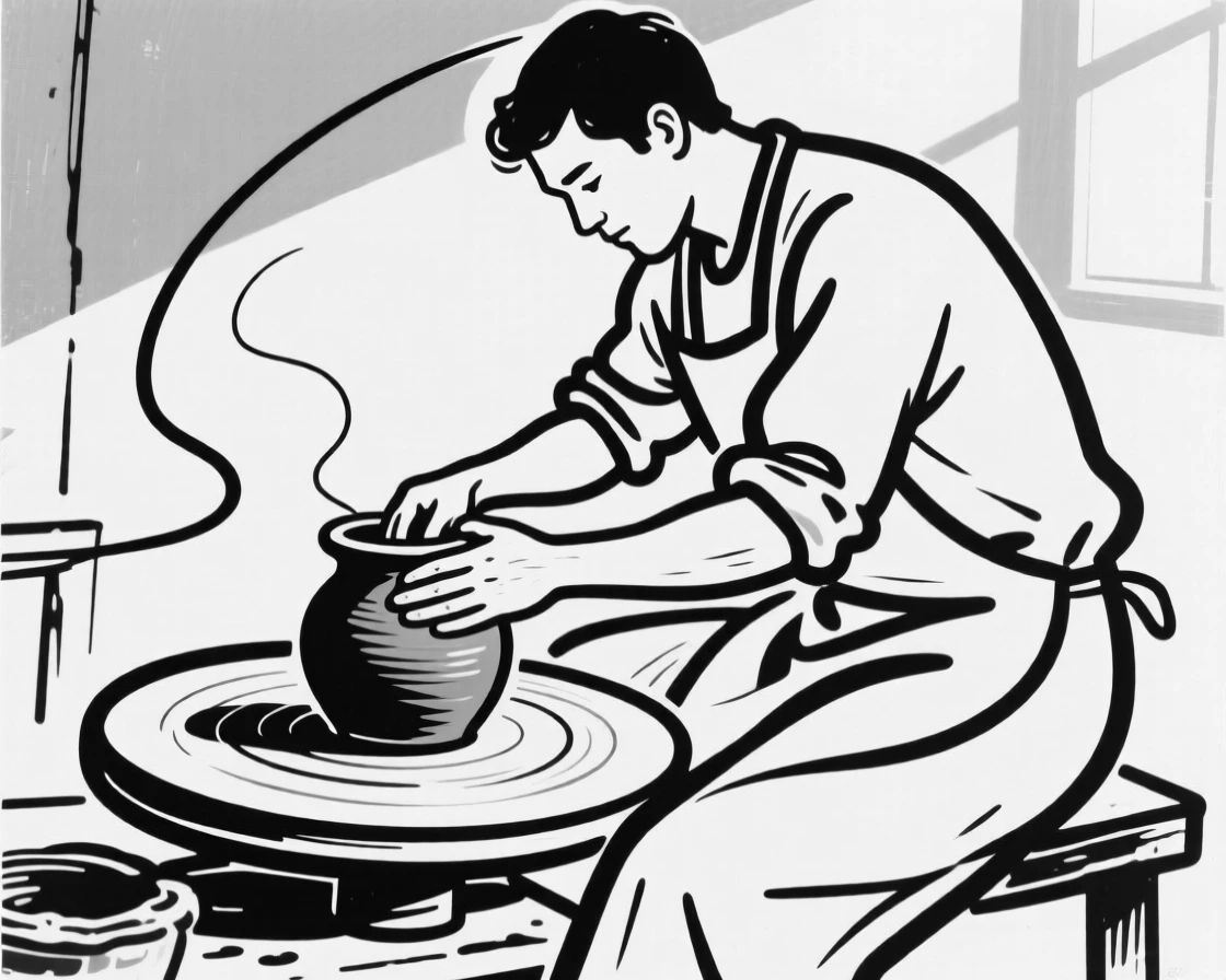 A potter shaping clay on a spinning wheel in a sunlit studio.