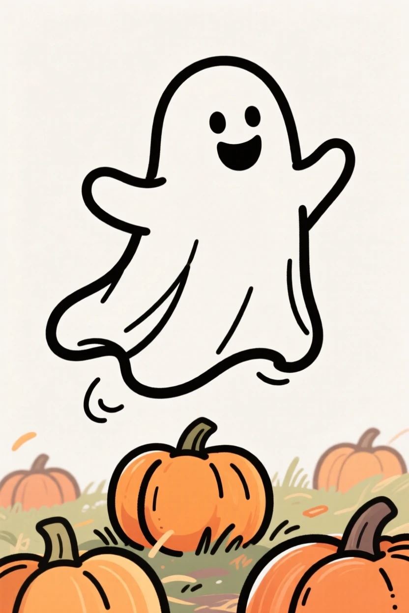 A cheerful cartoon ghost floating playfully above a pumpkin patch.