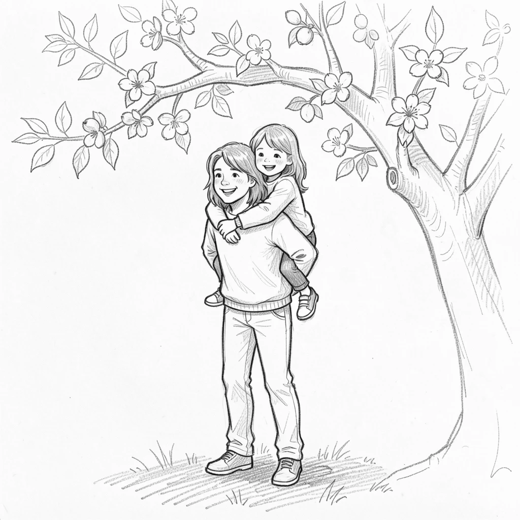 A heartwarming family moment: siblings sharing a piggyback ride beneath a blooming apple tree, full of gentle affection.