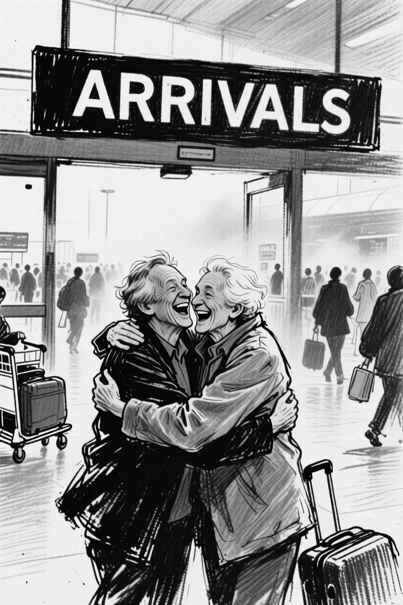 An old friend reunion at a busy airport arrivals gate, with a gentle mist rolling through the background.