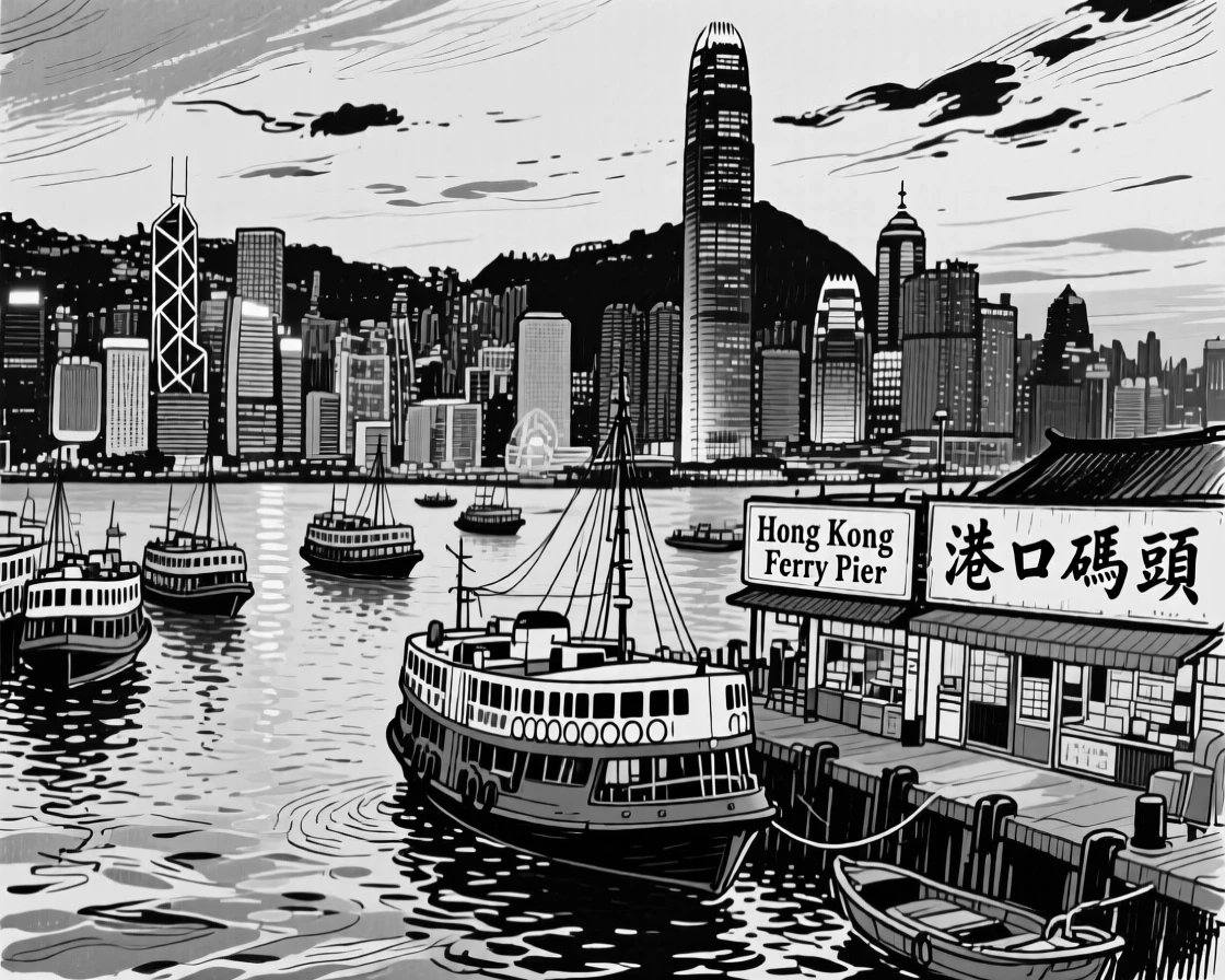 The bustling harbor of Hong Kong glowing with lights at dusk.