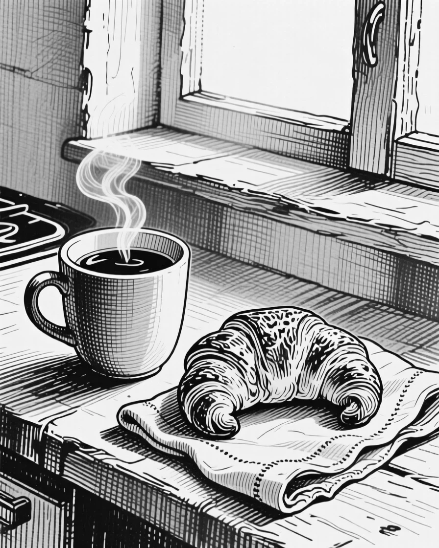 A cup of coffee beside a croissant displayed under the soft light of a kitchen window, with a folded linen napkin nearby, presented in a rustic and homely culinary still life.