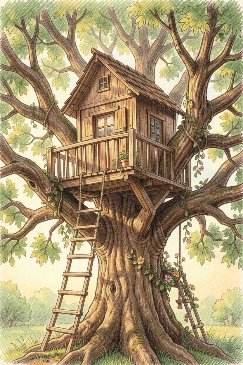 A treehouse nestled high among the branches of an old oak, bathed in the warm glow of golden-hour light, designed to feel inviting, memorable, and shareable.