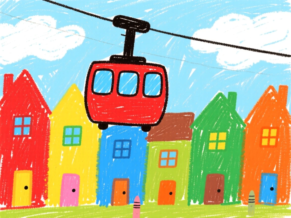 A cable car drifting past a row of colorful houses.