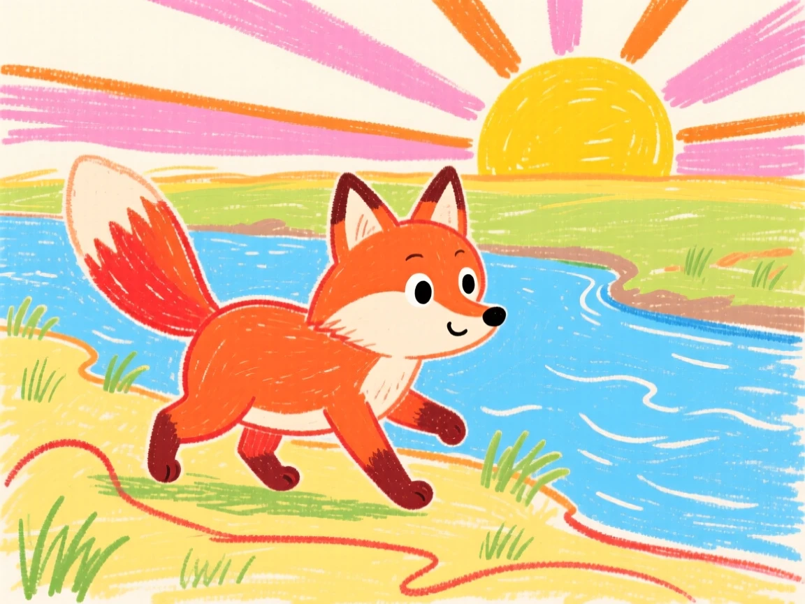 A curious fox kit waddling along a riverbank at sunrise.