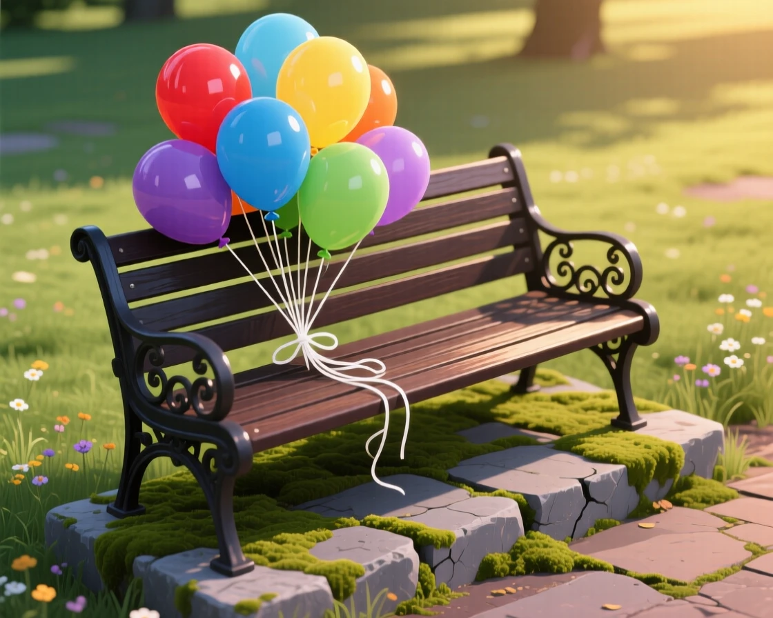 A collection of colorful balloons tied to a park bench, placed on a mossy stone ledge outdoors, shown from a slightly elevated angle, with soft golden light highlighting fine craftsmanship.