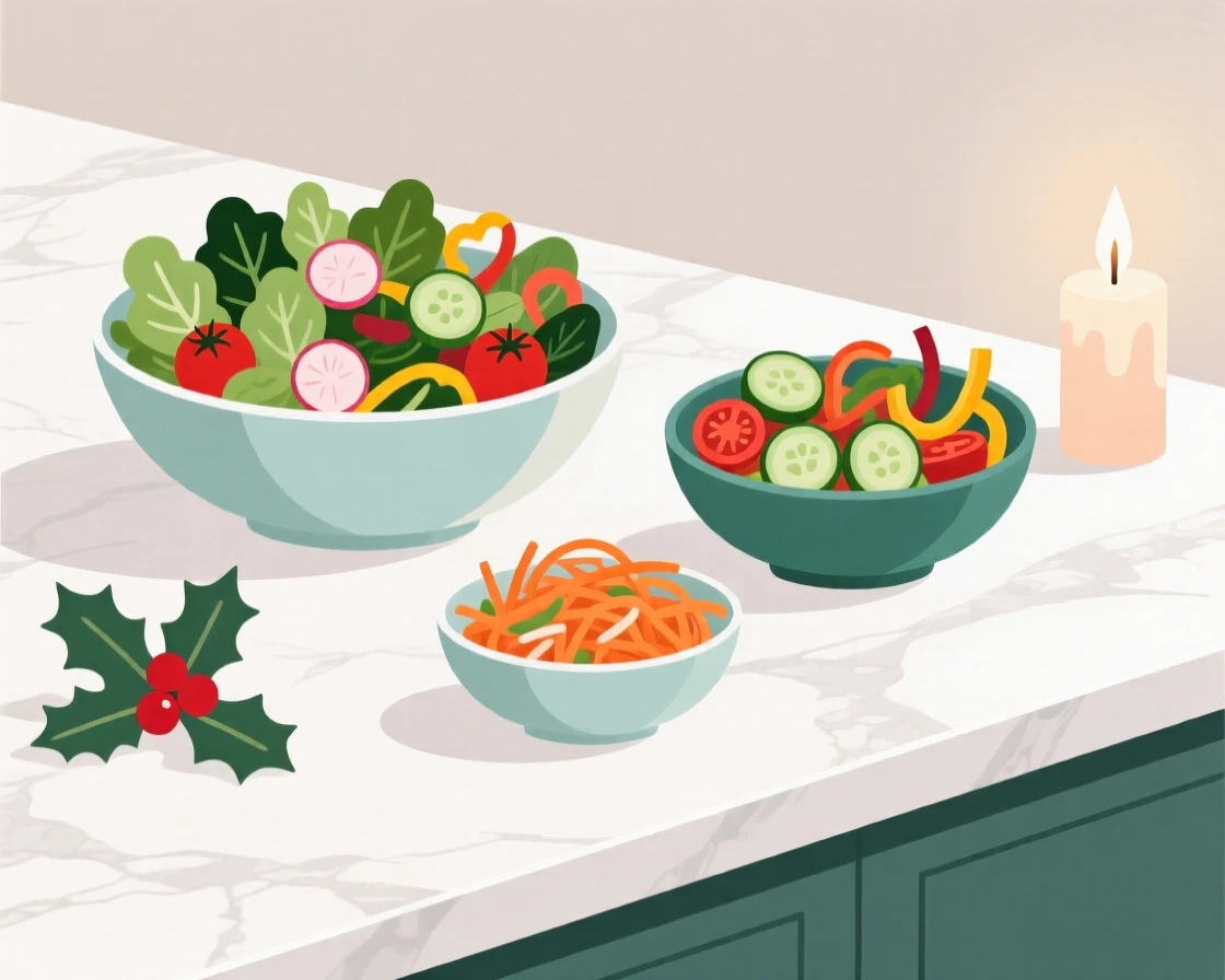 A selection of fresh salads beautifully displayed on a marble countertop at a holiday feast.