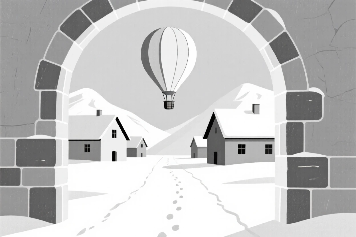 A journey through a snow-covered alpine village toward a hot air balloon rising, passing weathered stone archways, full of quiet discovery.