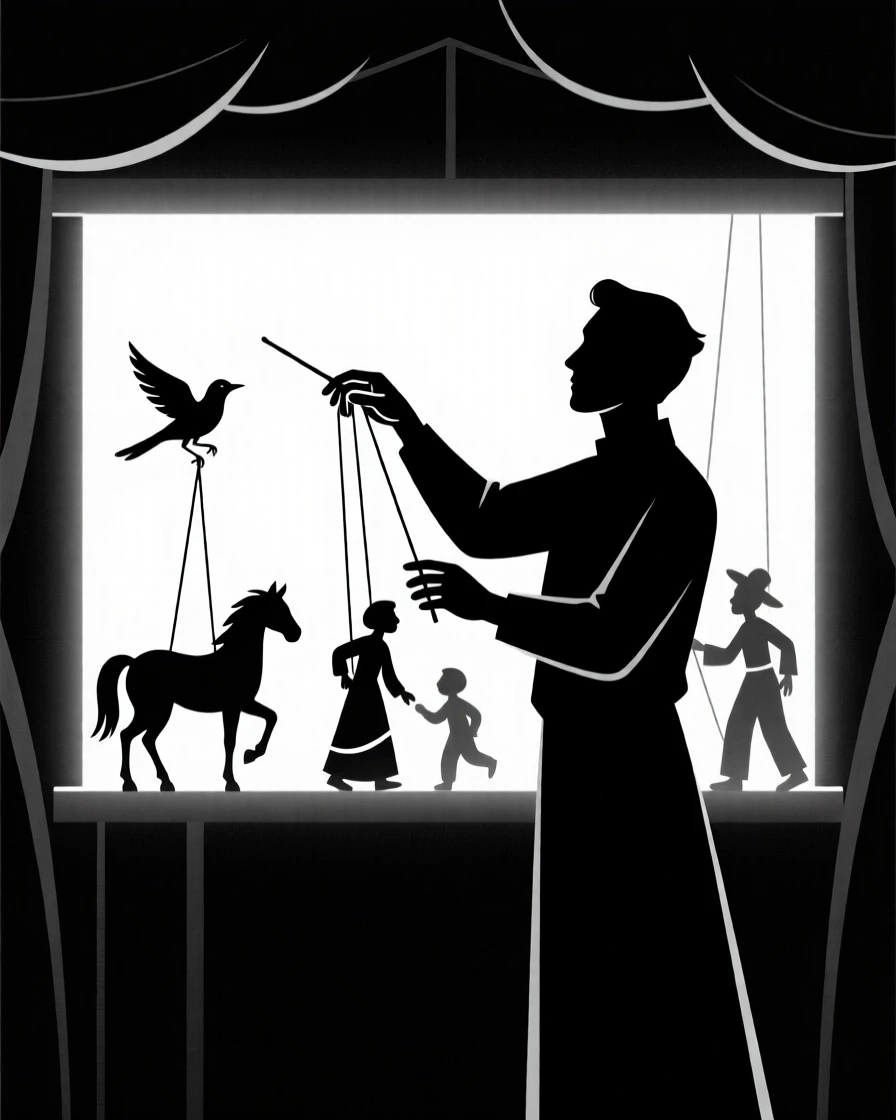 A puppeteer performing a shadow play behind a lit screen.