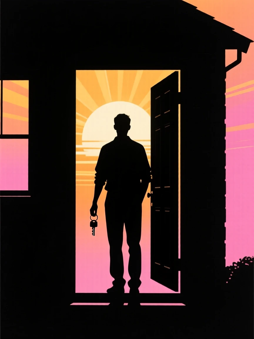 A person standing at the threshold of a new home, keys in hand.