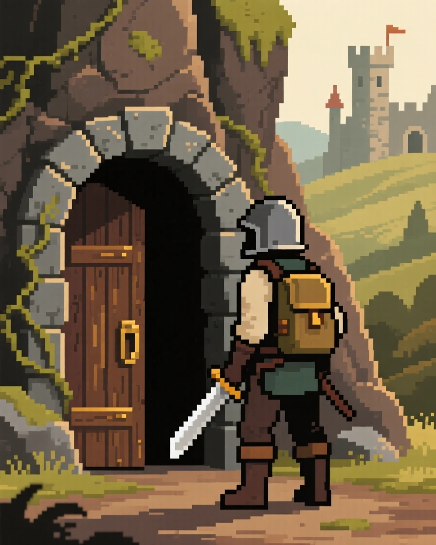 A dungeon explorer standing before the entrance to a hidden dungeon, in a retro-style fantasy kingdom.