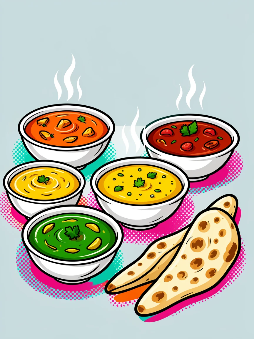 A spread of Indian curries with warm naan bread