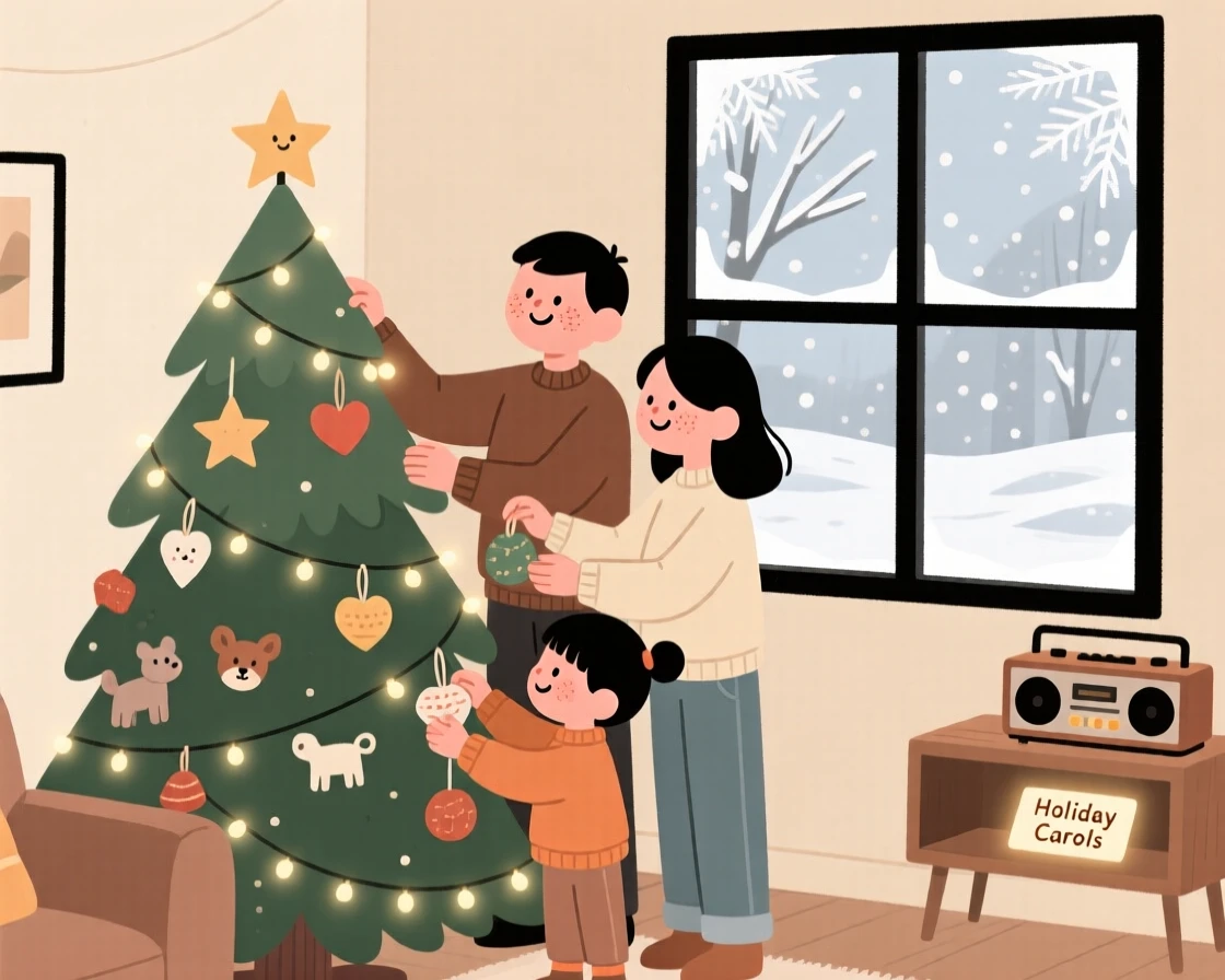 A family decorates a evergreen in the corner with handmade ornaments and twinkling lights while carols plays softly and frost coats the glass outside the window.