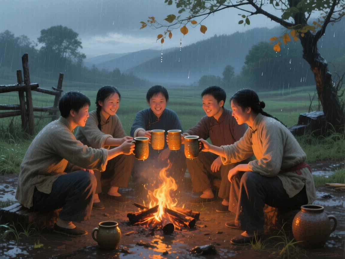 A medium shot of friends toasting with mugs of cider around a crackling campfire, during a light rain, in rural China.