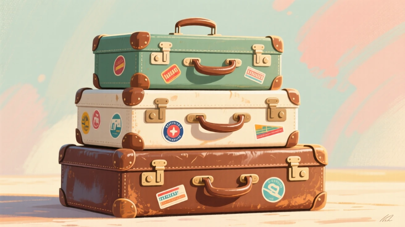 A stack of leather suitcases covered in old travel stickers