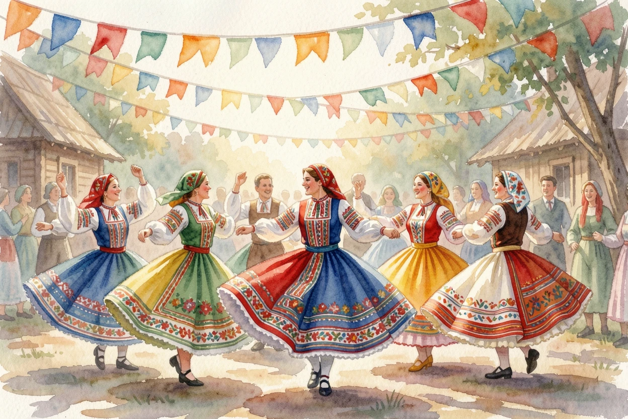 A traditional Russian folk dance in colorful costume under strings of colorful festival flags.