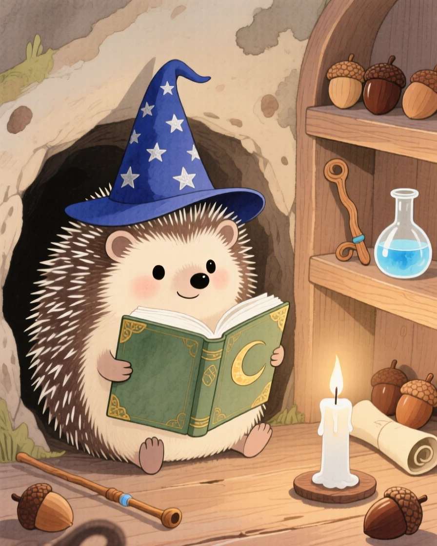 A round hedgehog wizard reads a spellbook by candlelight inside a cozy burrow lined with acorn shelves