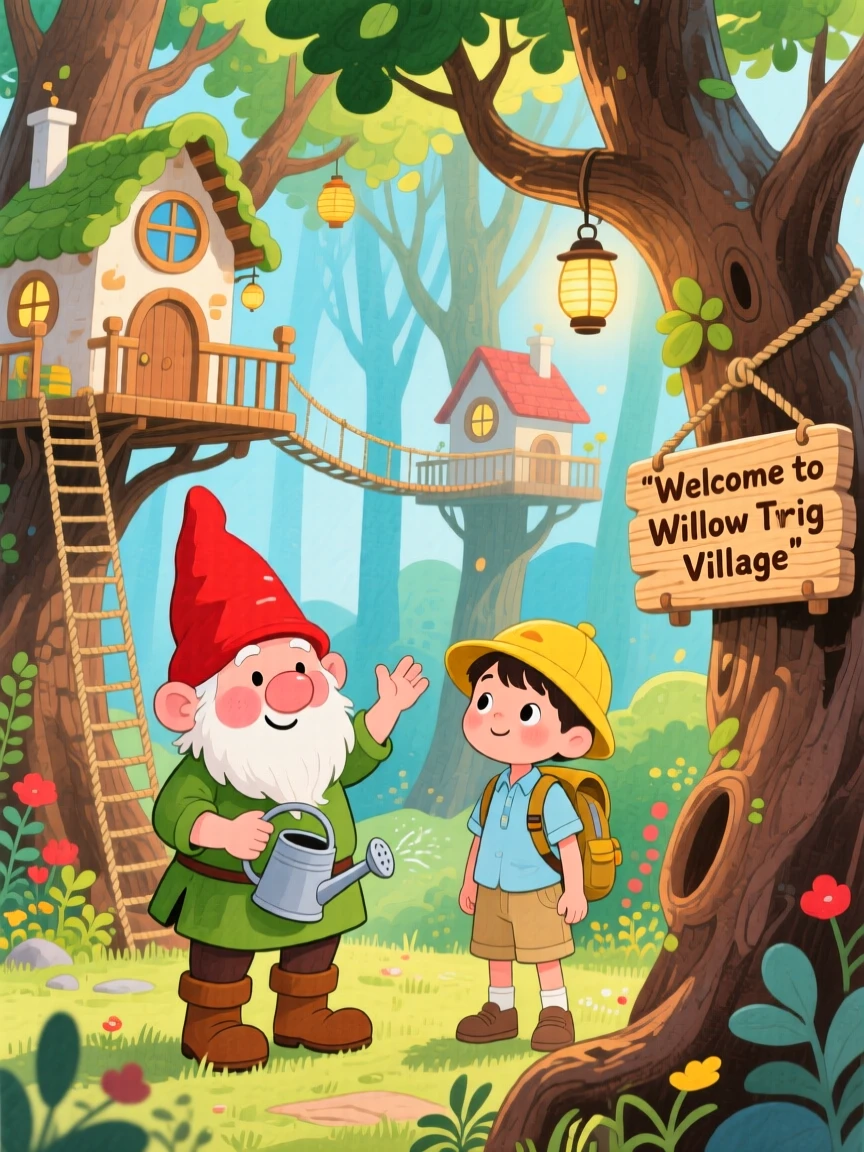 A cheerful gnome gardener guiding a curious young explorer through a magical treehouse village.