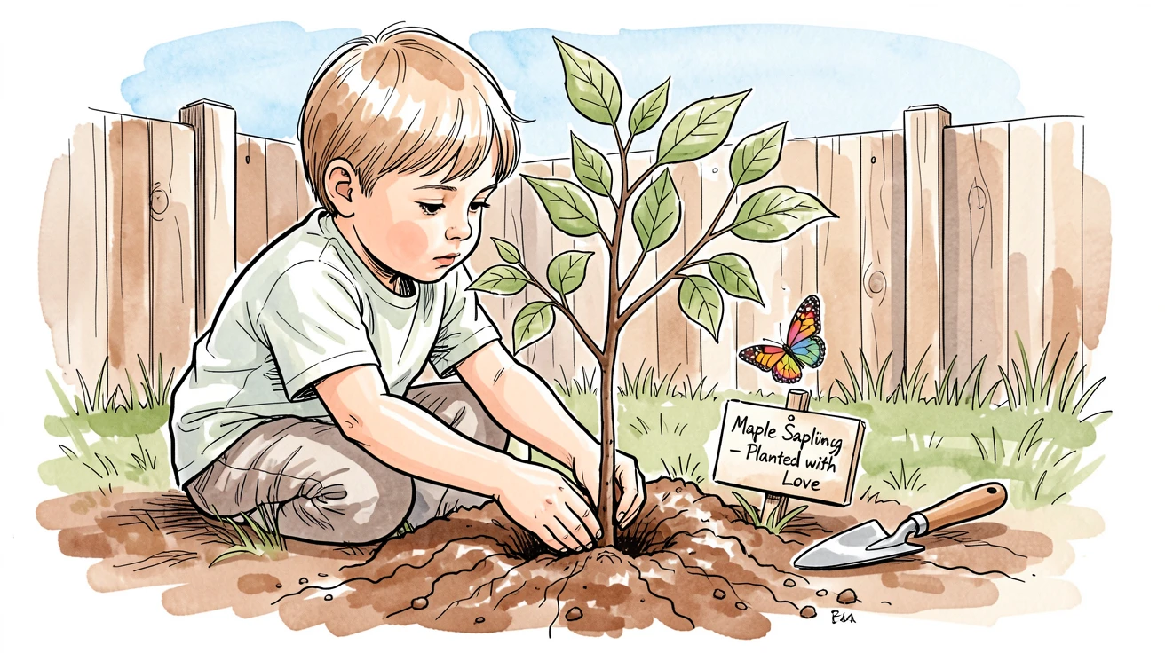 A child planting a small tree in the backyard with careful hands, small details hinting at the story behind the moment.