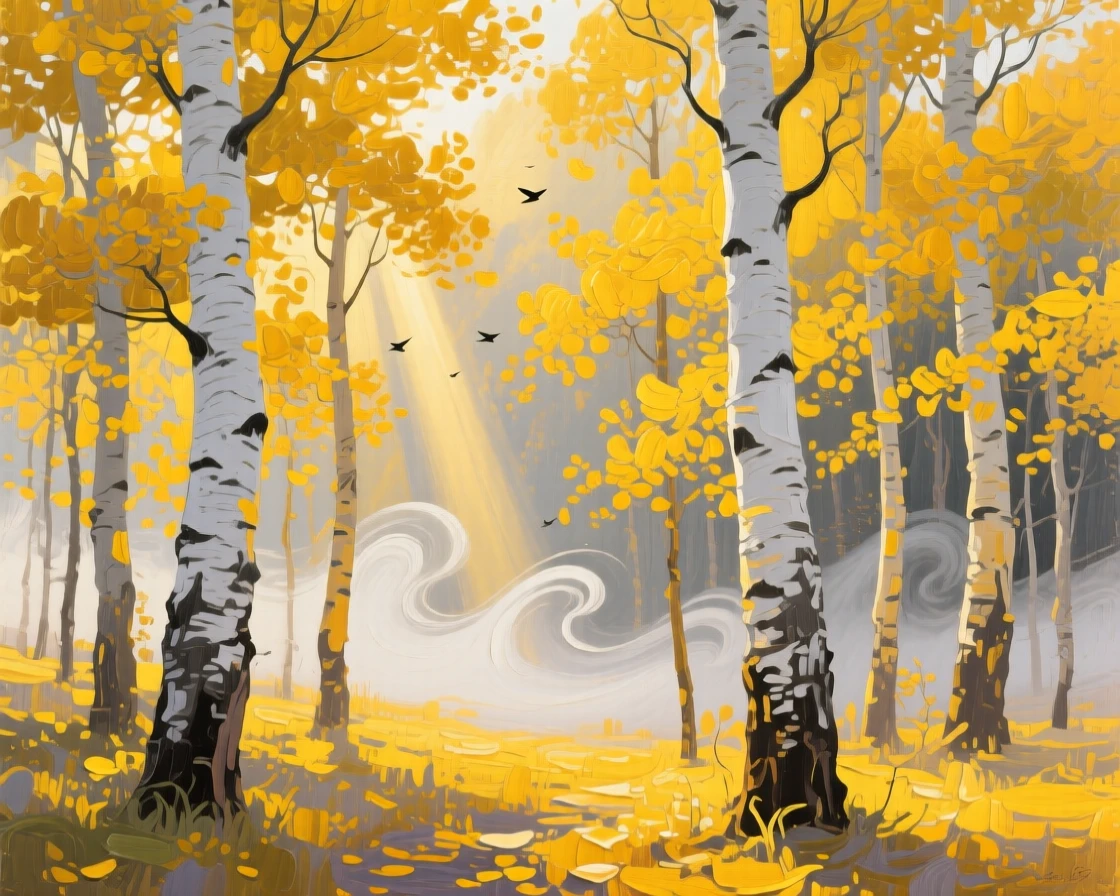 A grove of golden aspens, birdsong echoing through the still air, where shafts of light break through the dense canopy, in early morning, mist curling low between the trunks.