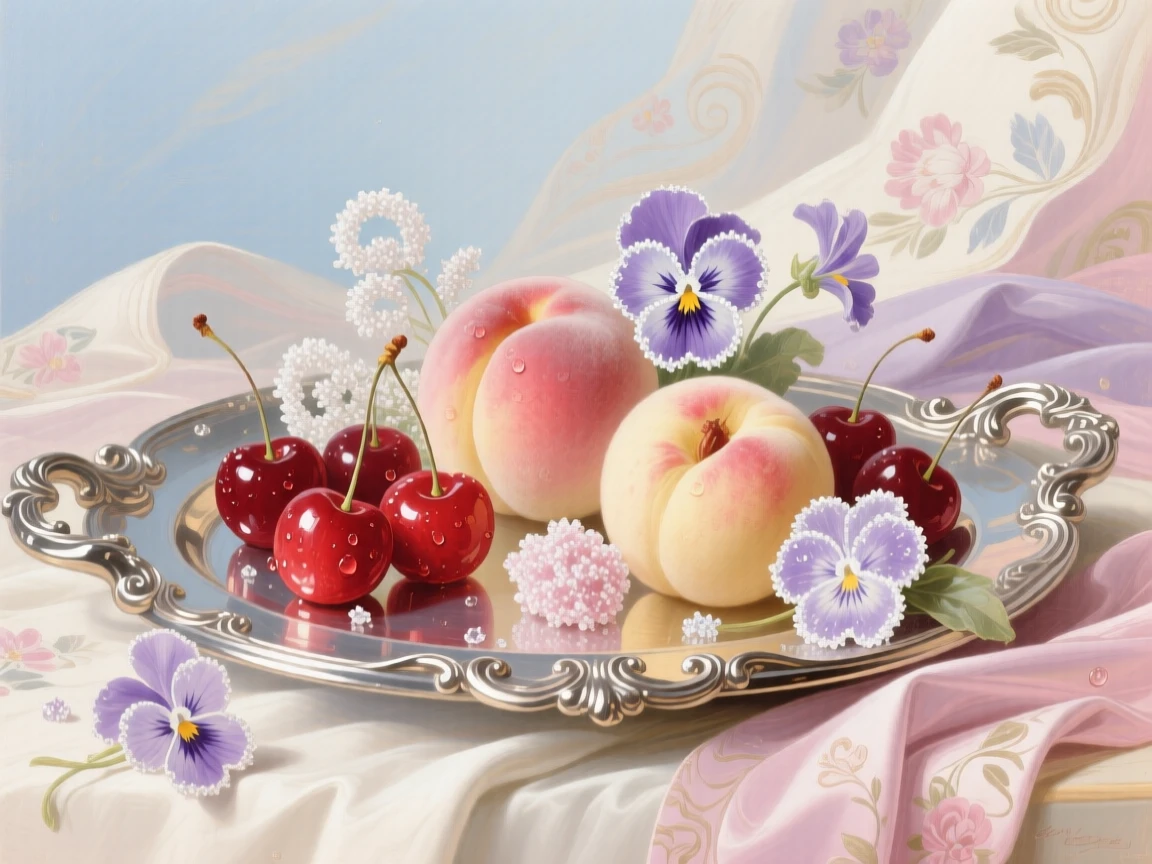 A silver tray of cherries, peaches, and sugared violets  