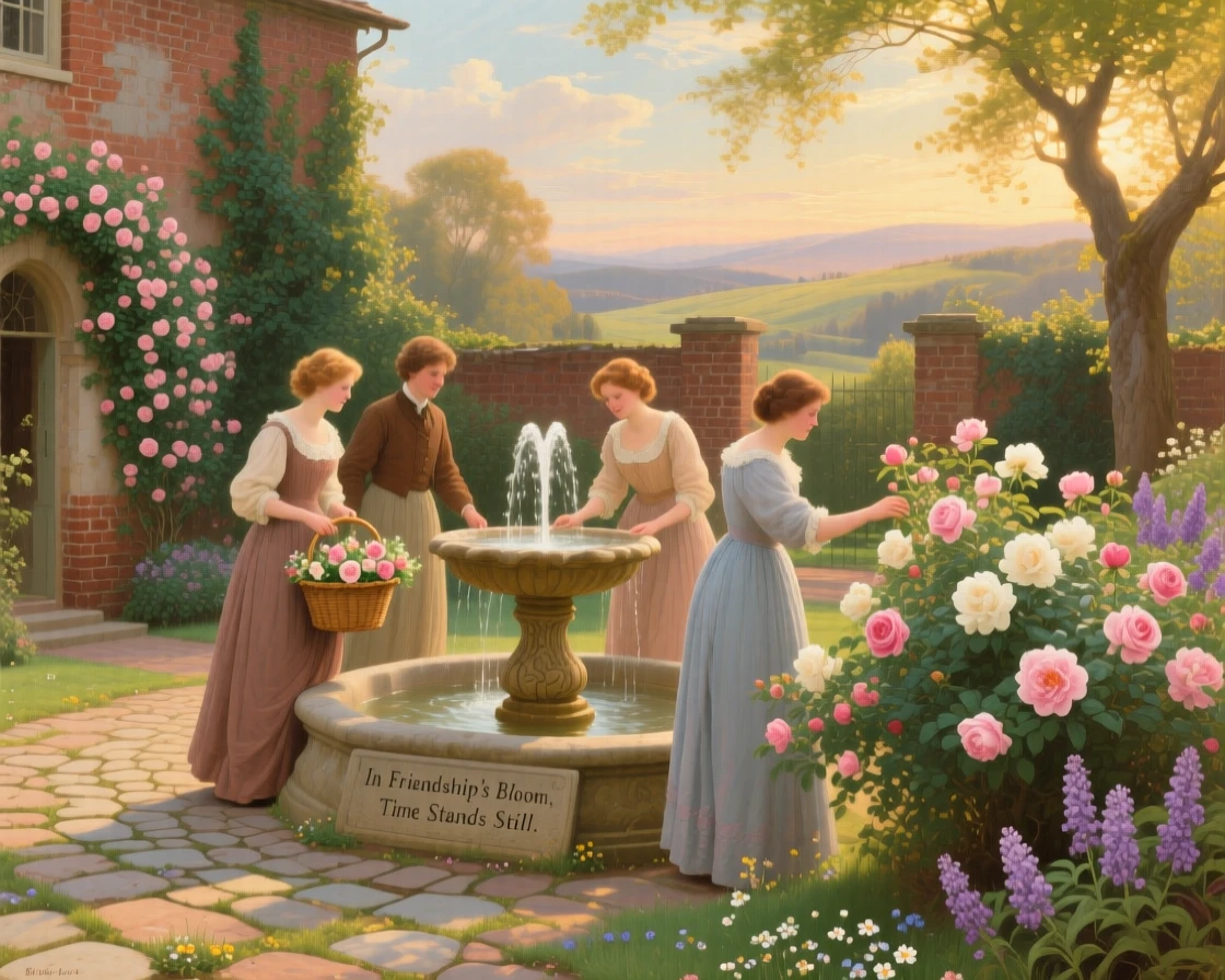 A group of friends gathers blooms in a garden courtyard with a bubbling fountain on a warm spring afternoon.