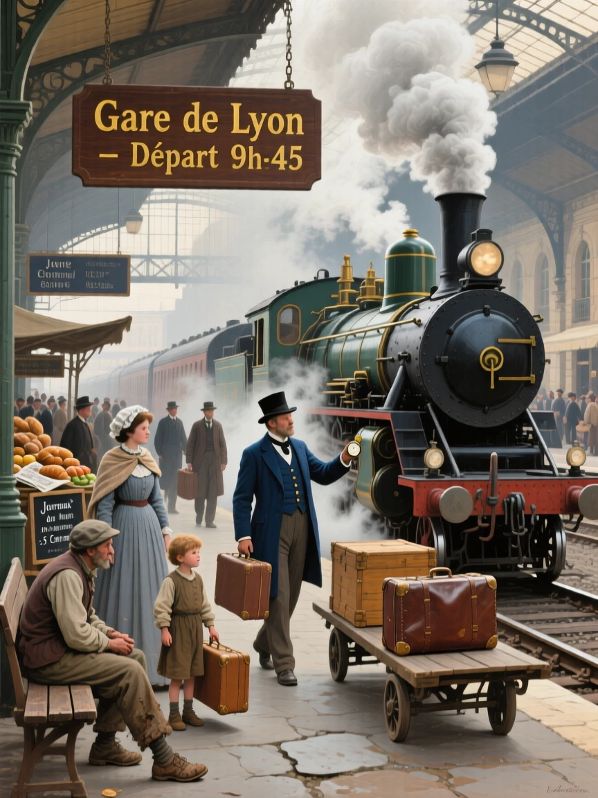 A 19th-century train station filled with travelers and billowing steam, capturing the customs and craftsmanship unique to the era, offering a vivid window into a fascinating moment of human history