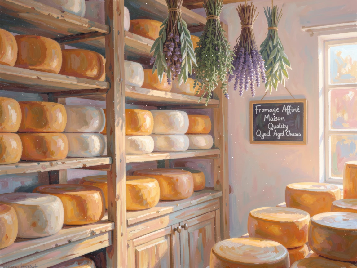 A rustic cheese shop with wheels of aged cheese stacked on wooden shelves beneath dried herb bundles, as the first light of dawn breaks, radiating joy and gentle celebration.