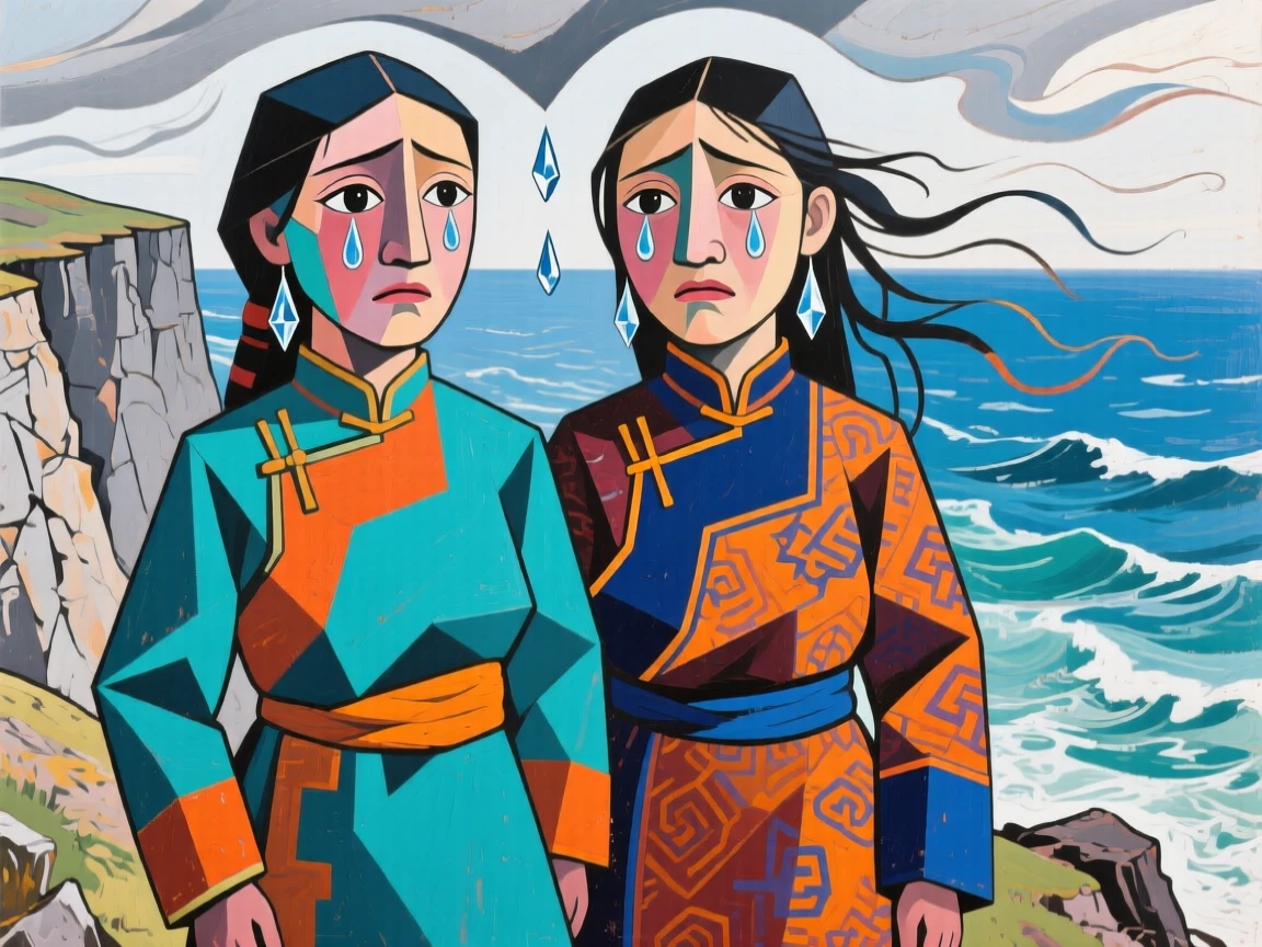 A medium shot of twin sisters of Mongolian heritage holding back tears of joy, on a windswept coastal cliff.