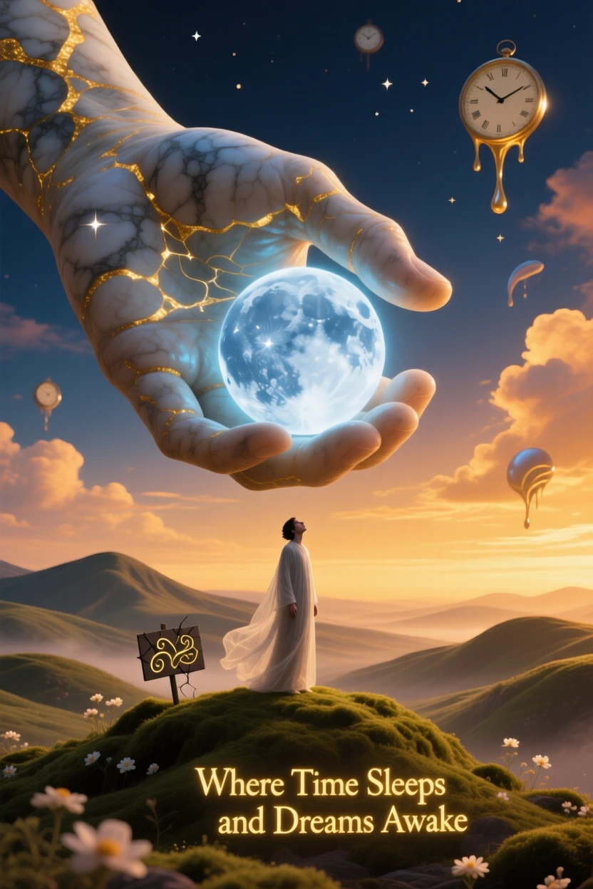 A moon-sized pearl resting quietly in the palm of a giant hand illuminates a single figure standing in awe beneath it, as a soft golden light spills over distant sleeping hills.