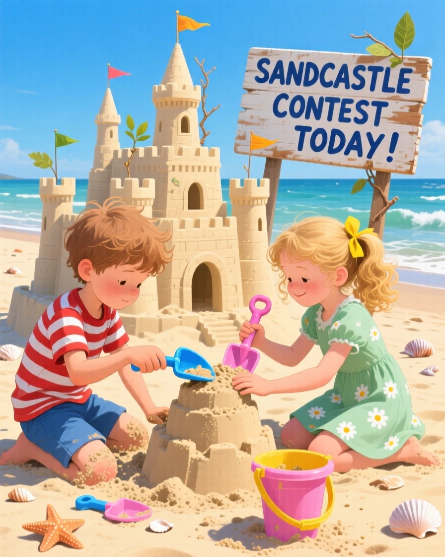 Two young siblings build an elaborate sandcastle together on a sunny beach, their focused expressions and small shovels capturing pure childhood joy, the composition drawing attention to small, telling gestures that reveal character and mood.