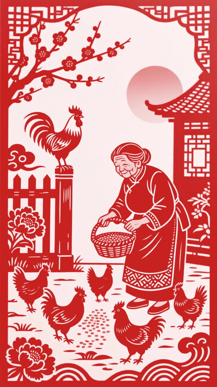 A grandmother feeding chickens in a courtyard at first light, a rooster perched nearby watching her work