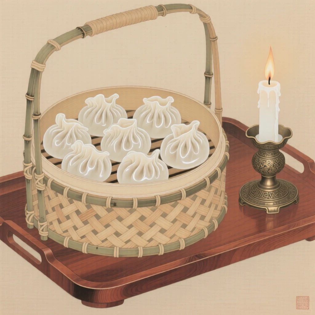 A bamboo steamer basket filled with dumplings on a wooden tray beside a lit candle