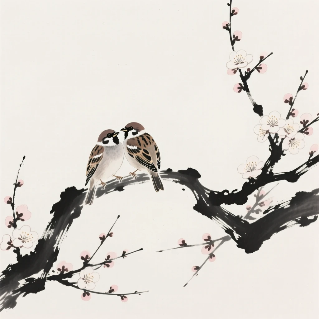A sparrow perched together on a curved branch beside a blooming plum tree, framed against a wide expanse of open sky, carrying a quiet, poetic stillness.